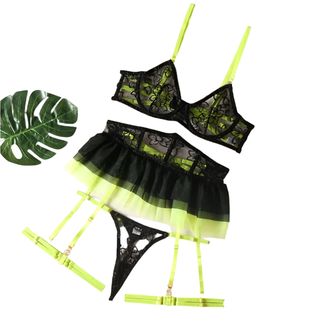 Lingerie set with green and black tutu-style skirt, yellow stockings