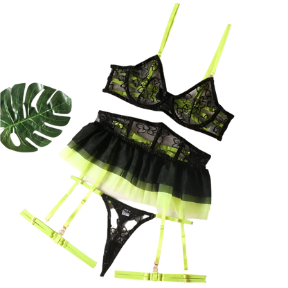 Lingerie set with green and black tutu-style skirt, yellow stockings