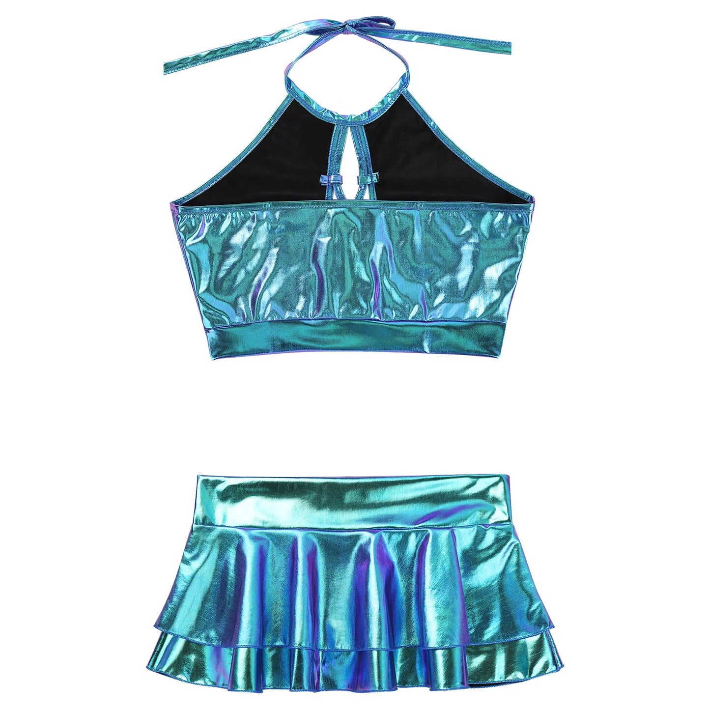 Two Piece Sets Womens Outifits Clothing Set Shiny Metallic Rave Erotic Halter Crop Top Bra Vest With Faux Leather Mini Skirt XXL