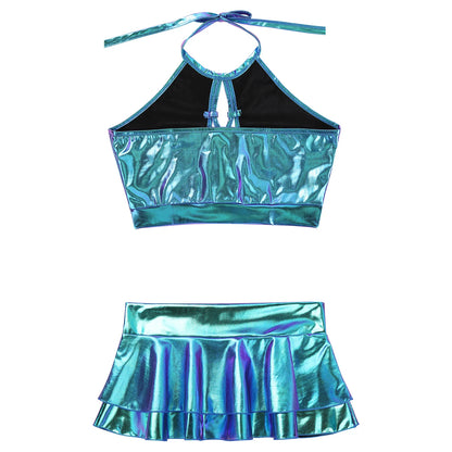 Two Piece Sets Womens Outifits Clothing Set Shiny Metallic Rave Erotic Halter Crop Top Bra Vest With Faux Leather Mini Skirt XXL