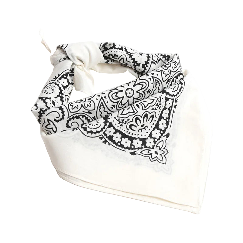 White bandana with black paisley pattern on a white background