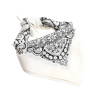 White bandana with black paisley pattern on a white background