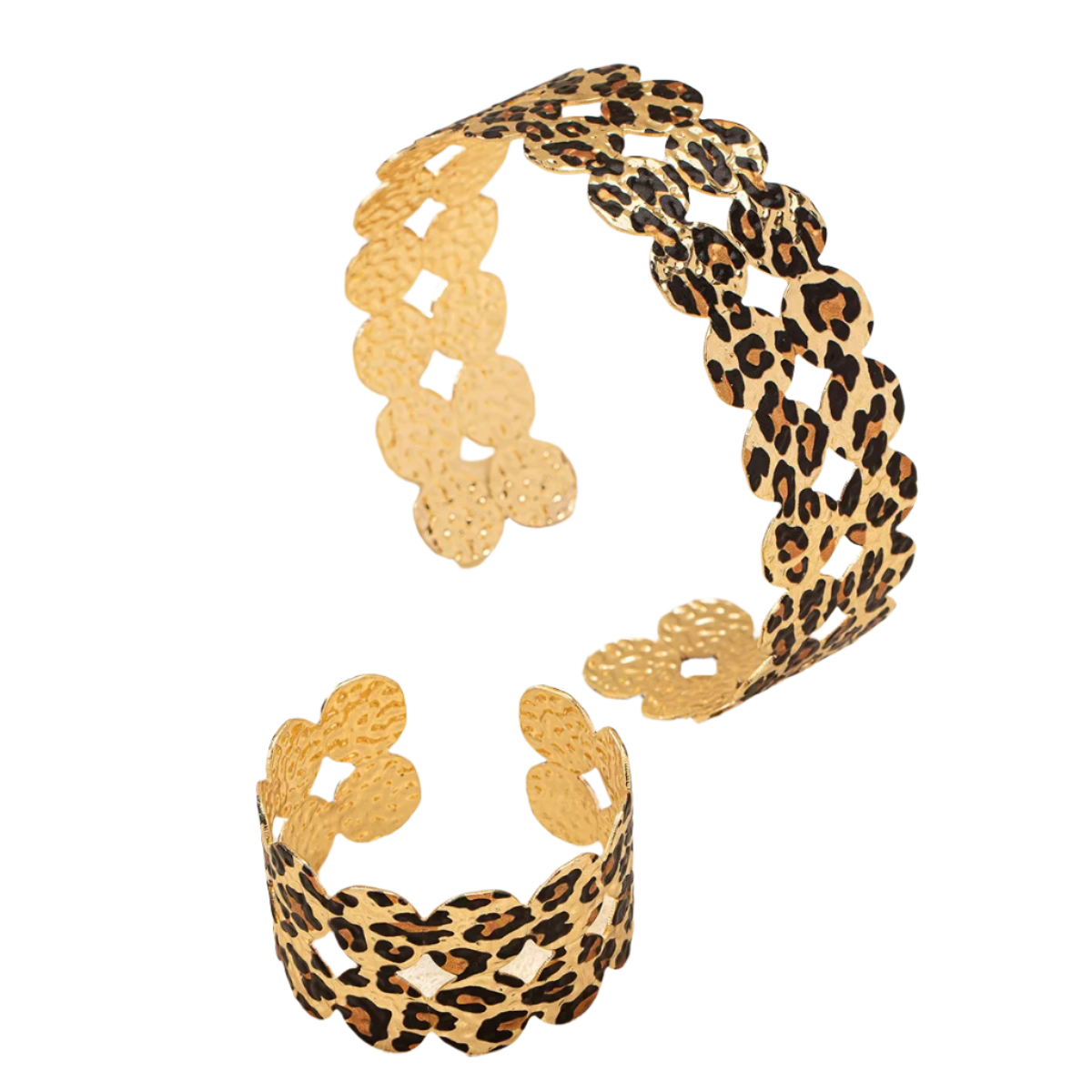 Seductive leopard print hollow collar necklace and bracelet set featuring artistic circular design and metallic finish, perfect for intimate evening wear