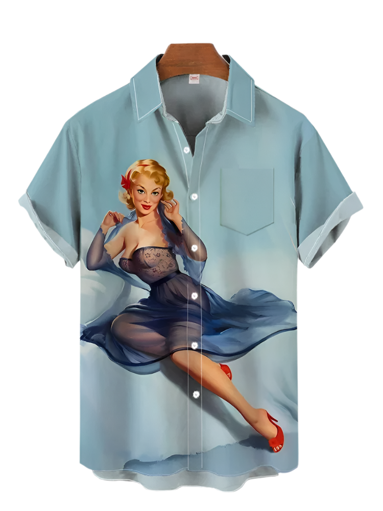 Light blue shirt with a graphic of a woman in a dress on a white background