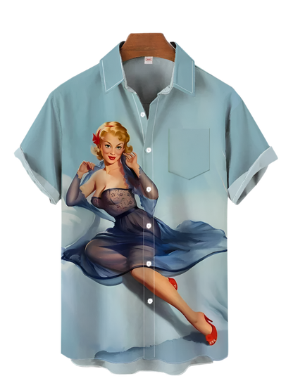 Light blue shirt with a graphic of a woman in a dress on a white background