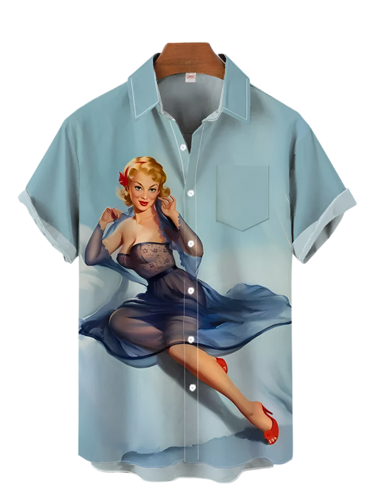 Light blue shirt with a graphic of a woman in a dress on a white background