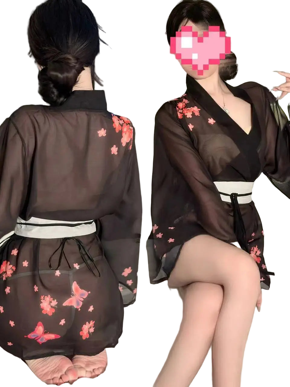 Two women wearing black floral robes sitting on a bed.