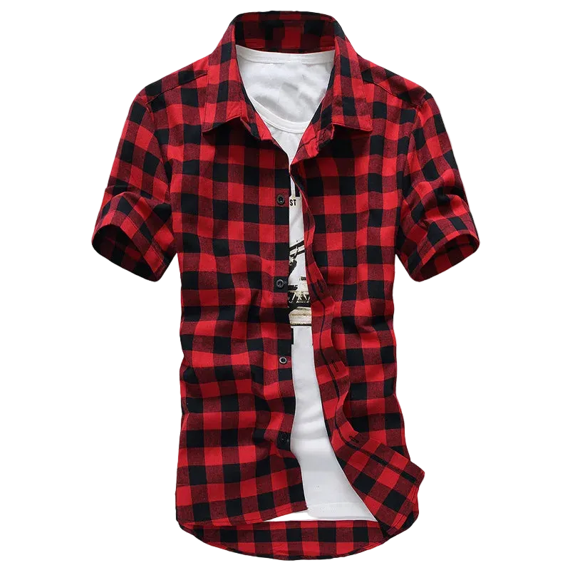 Red and black plaid short-sleeve shirt on a white background