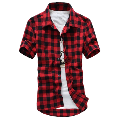 Red and black plaid short-sleeve shirt on a white background