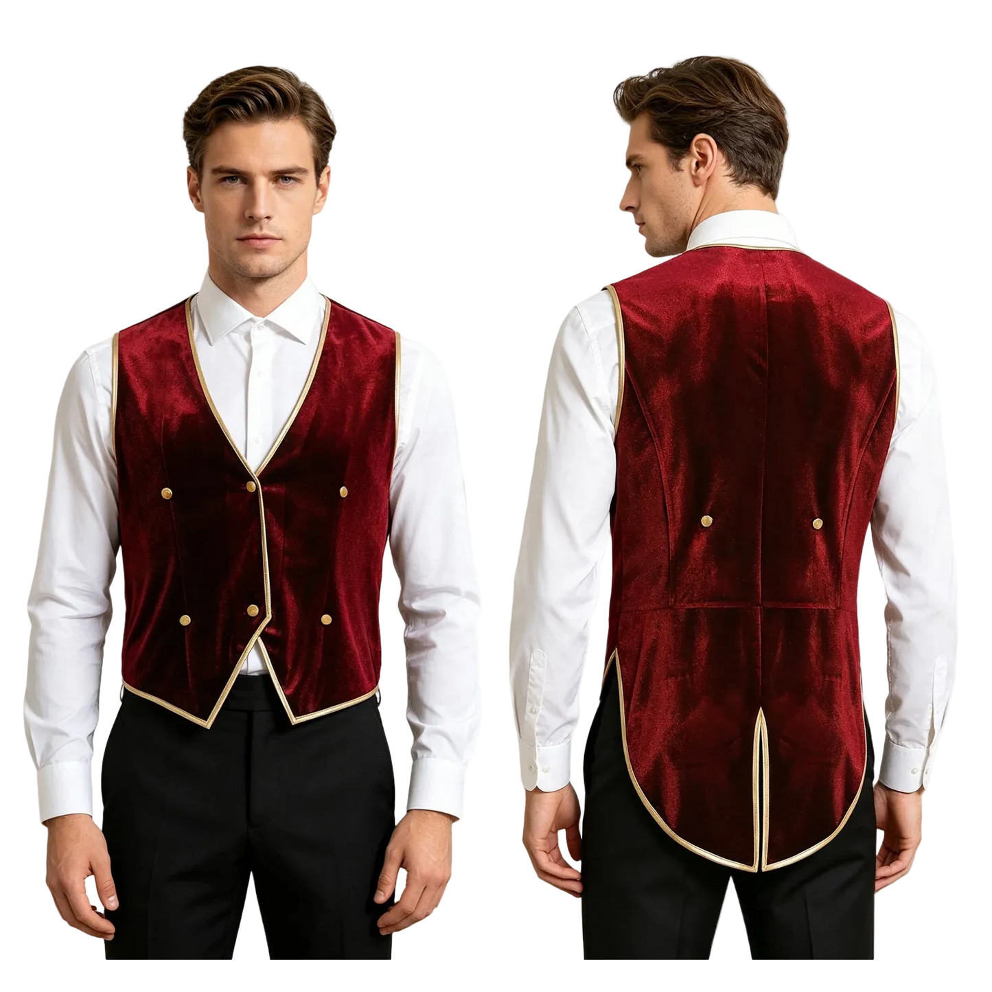 A man modeling a burgundy velvet waiter's vest with gold trim, shown from both the front and back views against a plain white background.