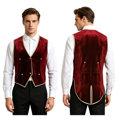 A man modeling a burgundy velvet waiter's vest with gold trim, shown from both the front and back views against a plain white background.