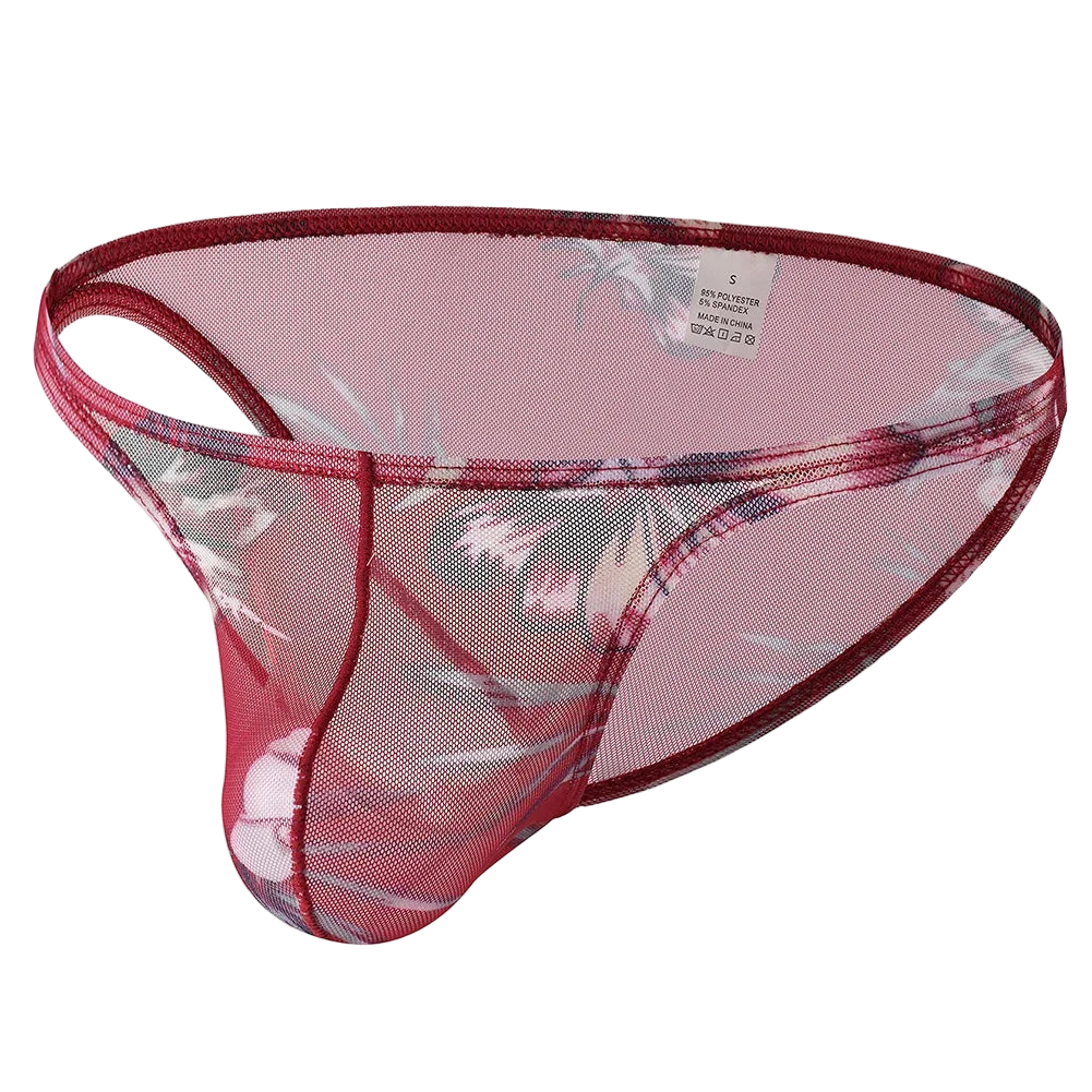 Pink mesh underwear with floral pattern on a white background