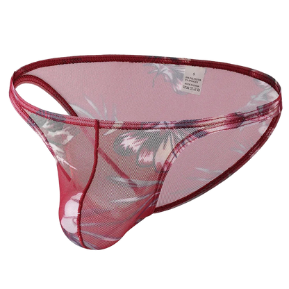 Pink mesh underwear with floral pattern on a white background