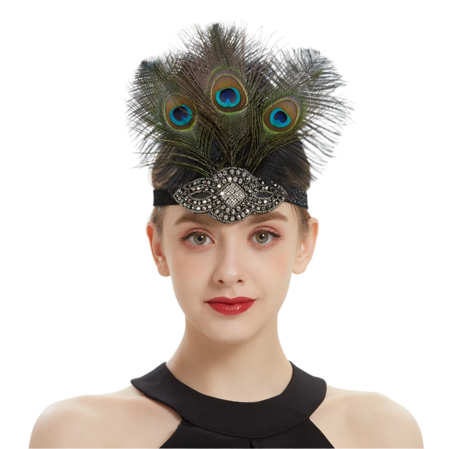 Luxurious peacock feather headband with rhinestones and tassels for exotic Gatsby resort theme nights

