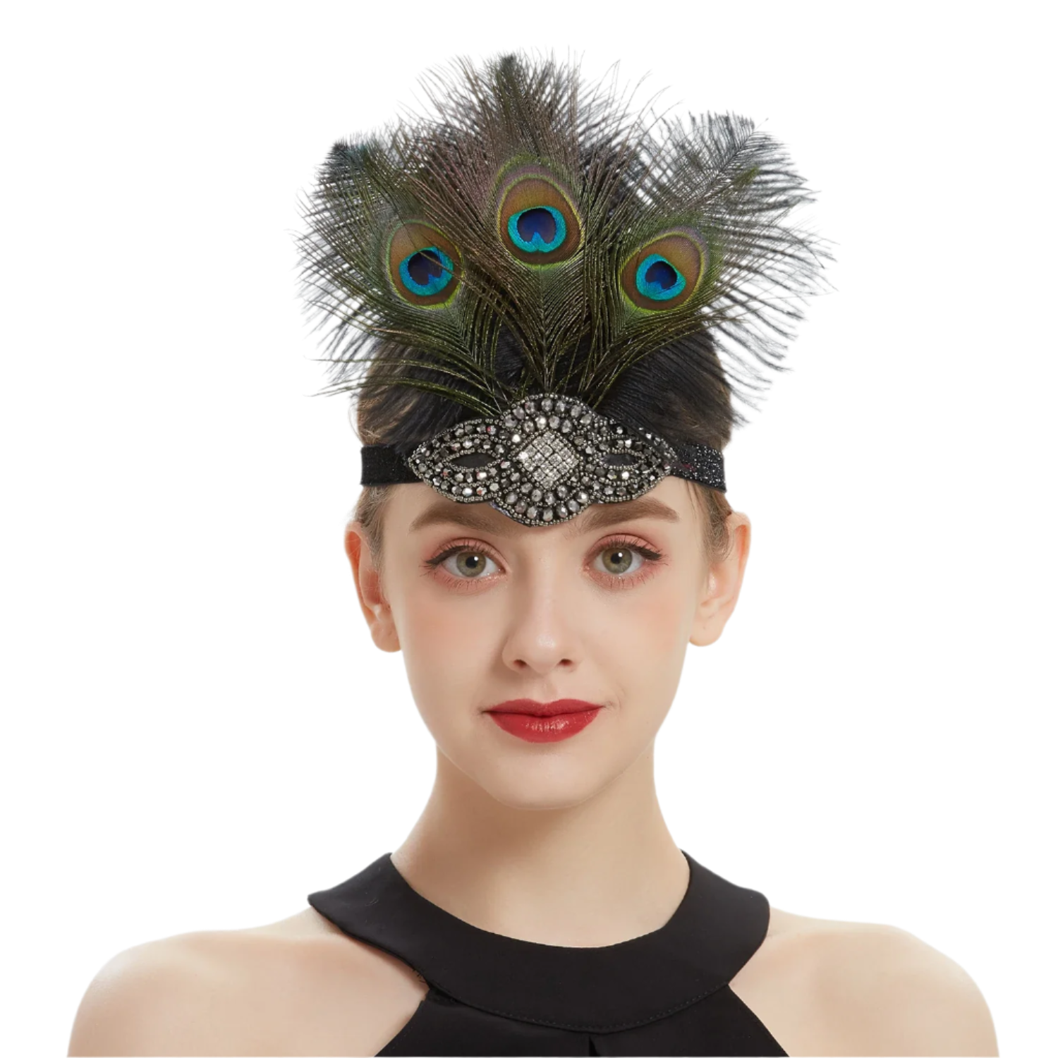 Luxurious peacock feather headband with rhinestones and tassels for exotic Gatsby resort theme nights

