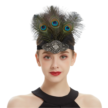 Luxurious peacock feather headband with rhinestones and tassels for exotic Gatsby resort theme nights

