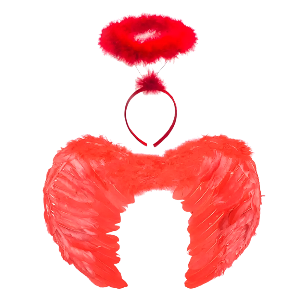 Red angel wings and halo set on a white background
