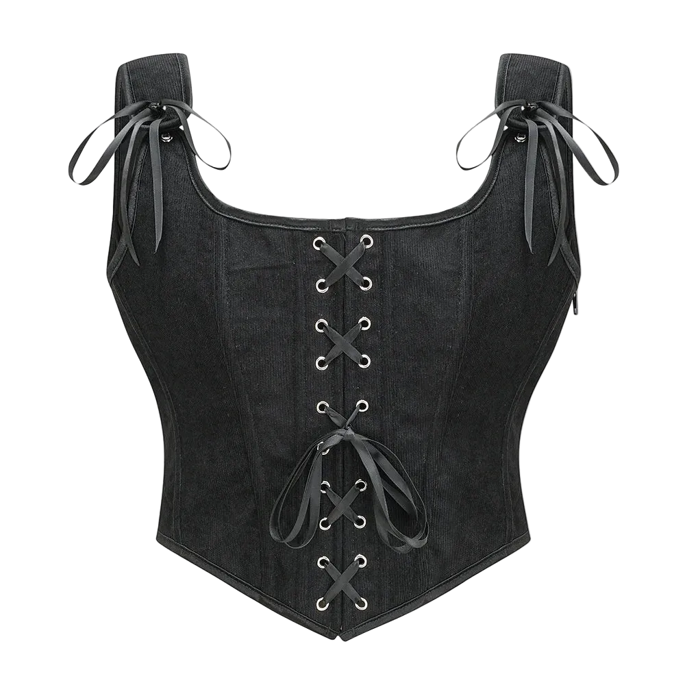 Black suede corset with lace-up front on a white background