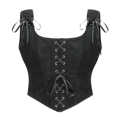 Black suede corset with lace-up front on a white background