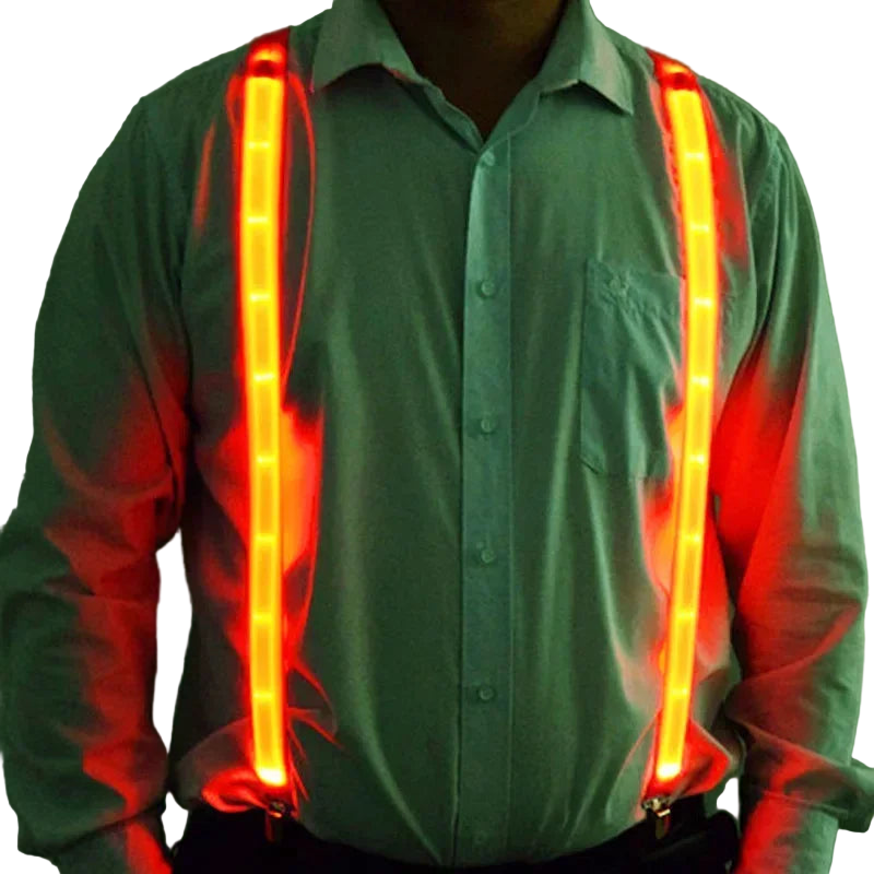 Person wearing glowing red suspenders against a green background