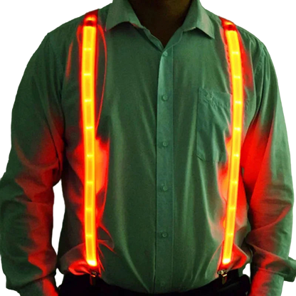 Person wearing glowing red suspenders against a green background