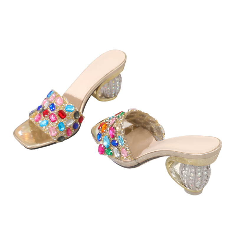 Camouflage crystal slides with transparent PVC and round heels for resort parties

