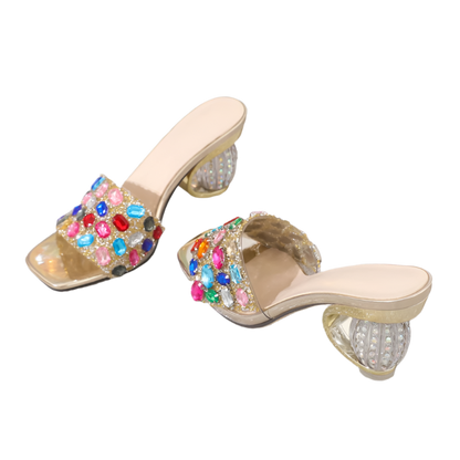 Camouflage crystal slides with transparent PVC and round heels for resort parties

