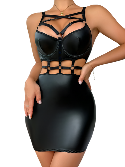 Black Leather Cut-Out Dress - European Style Strappy Theme Night Fashion