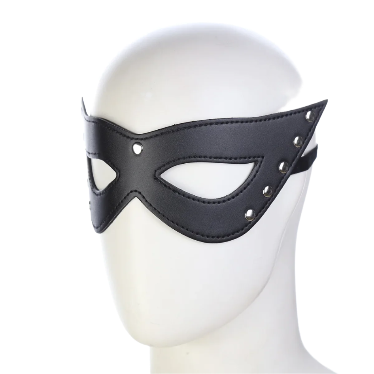 A black leather eye mask with cut-out eyes and studded details. The design is sleek and mysterious, perfect for a costume or themed event.