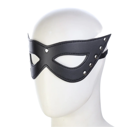 A black leather eye mask with cut-out eyes and studded details. The design is sleek and mysterious, perfect for a costume or themed event.