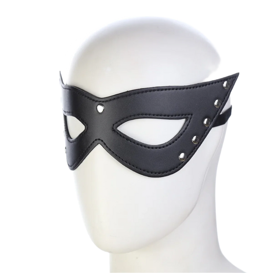 A black leather eye mask with cut-out eyes and studded details. The design is sleek and mysterious, perfect for a costume or themed event.