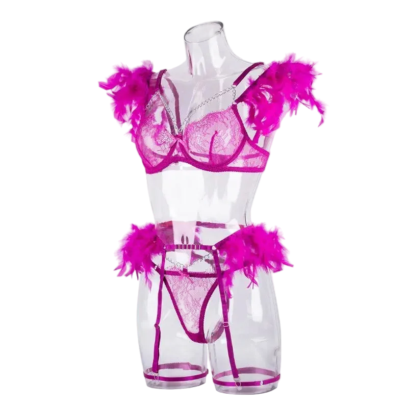 Pink lingerie set with feather accents on a mannequin against a white background