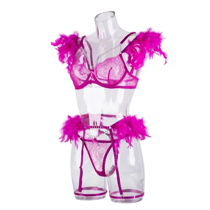 Pink lingerie set with feather accents on a mannequin against a white background