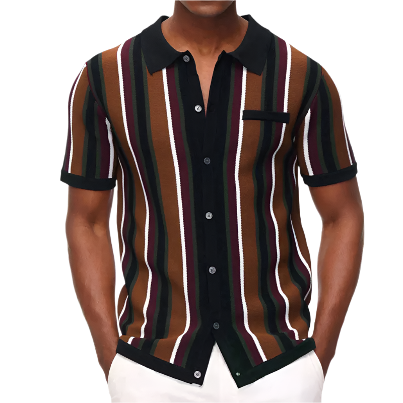 Man wearing a striped shirt with black, brown, and white colors on a white background