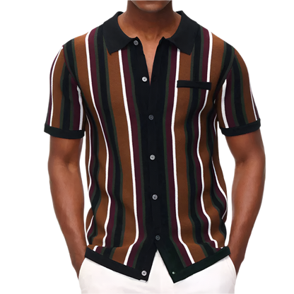 Man wearing a striped shirt with black, brown, and white colors on a white background