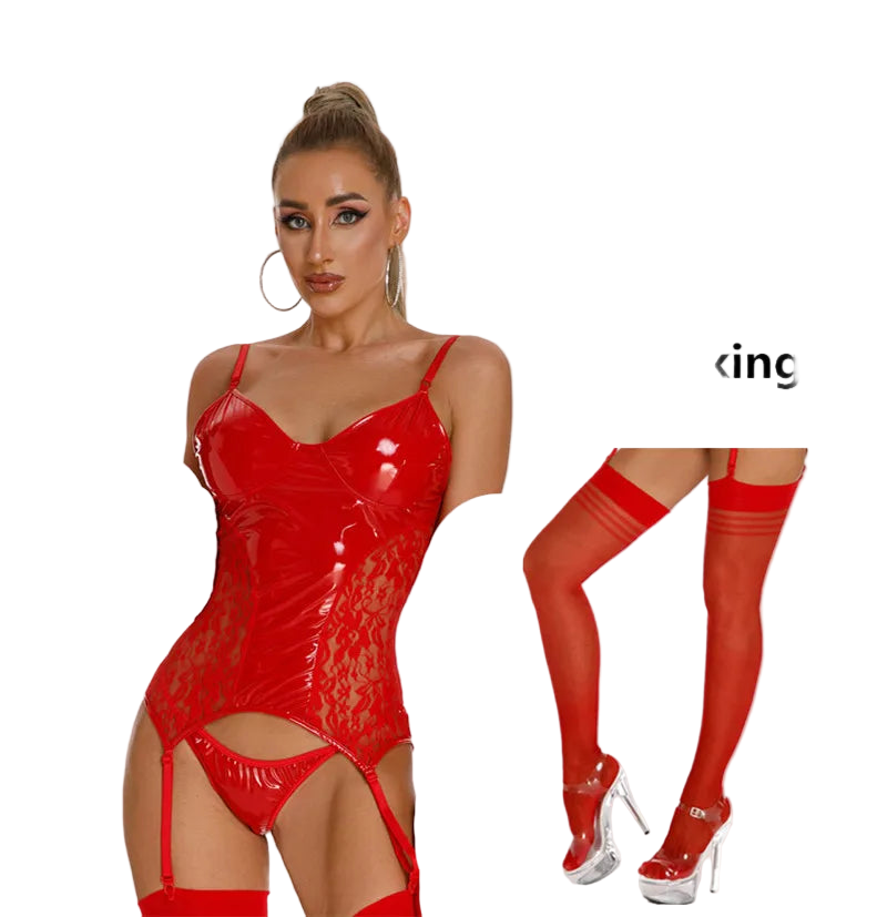 Red bodysuit with g-string and stockings on a white background