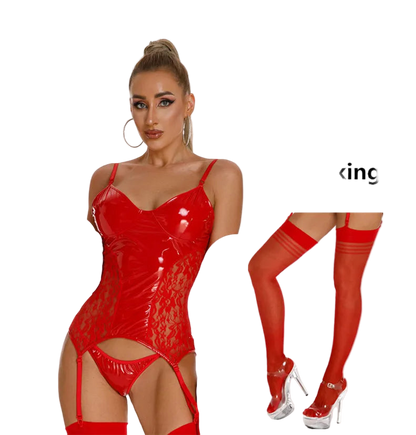 Red bodysuit with g-string and stockings on a white background
