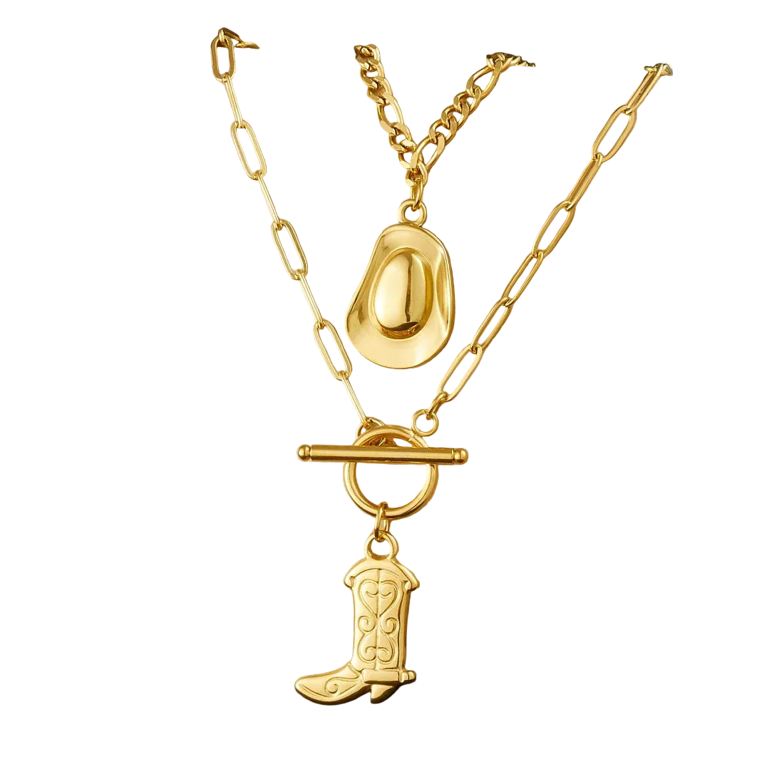 Gold necklace with cowboy boot charm on a beige card