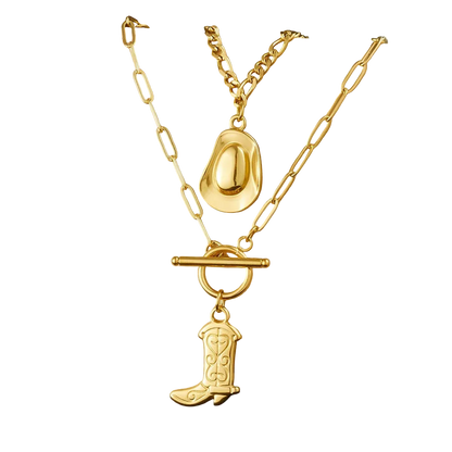 Gold necklace with cowboy boot charm on a beige card