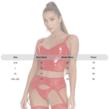 Women's Wet Look Lace Lingerie Set | Garter Belt 3-Piece Outfit