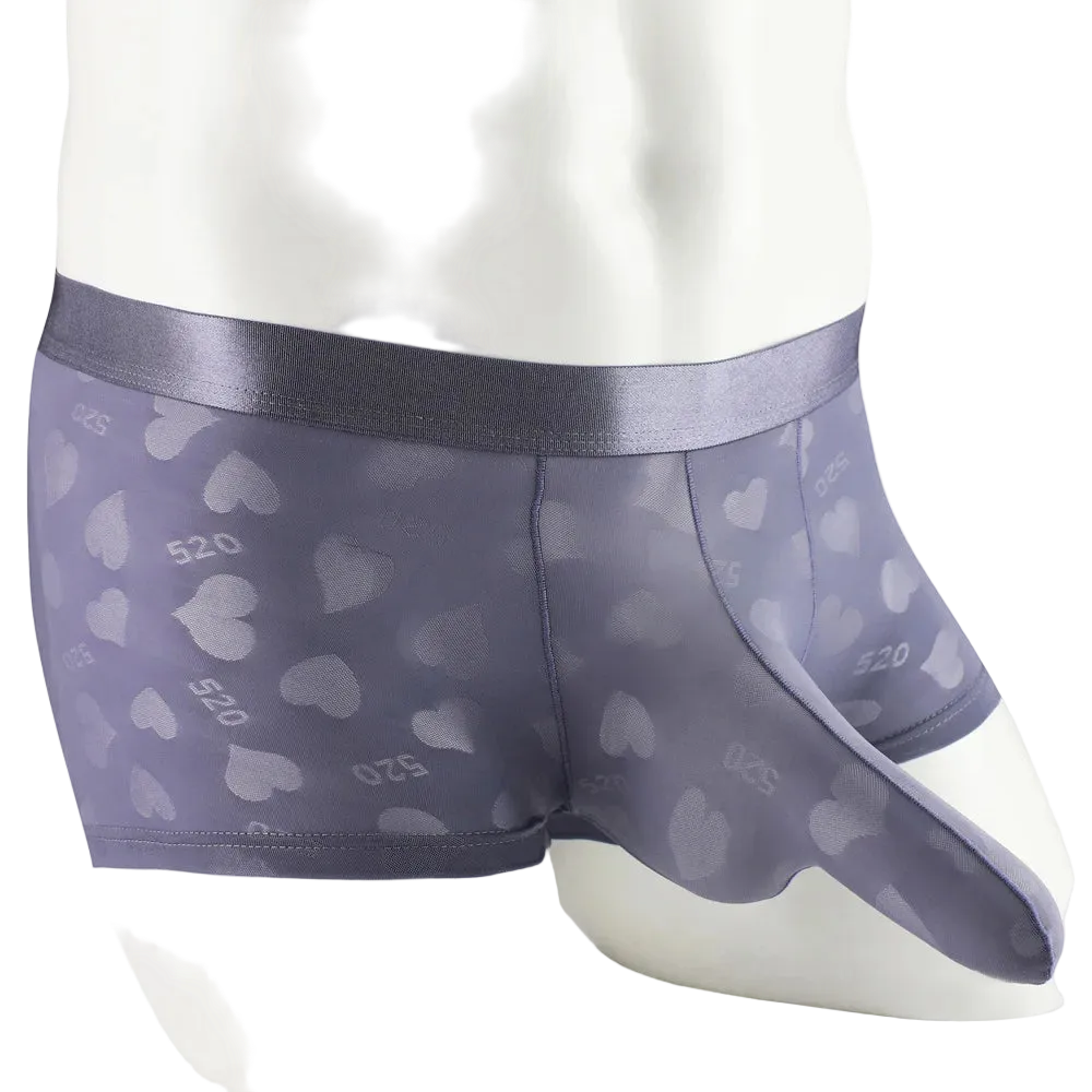Purple heart-patterned underwear on a mannequin with a white background