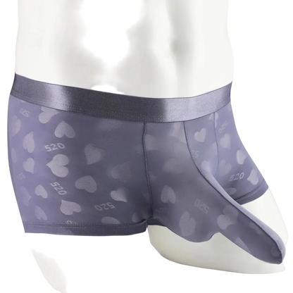 Purple heart-patterned underwear on a mannequin with a white background