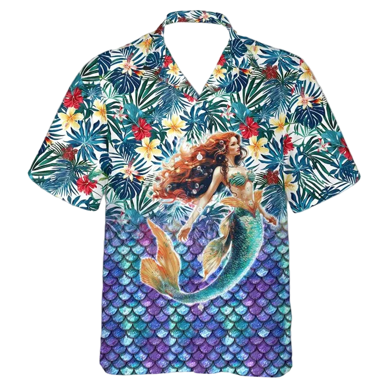 A short-sleeve button-up Hawaiian shirt featuring a vibrant tropical print with palm leaves, flowers, and a mermaid illustration on the front, displayed against a plain white background.