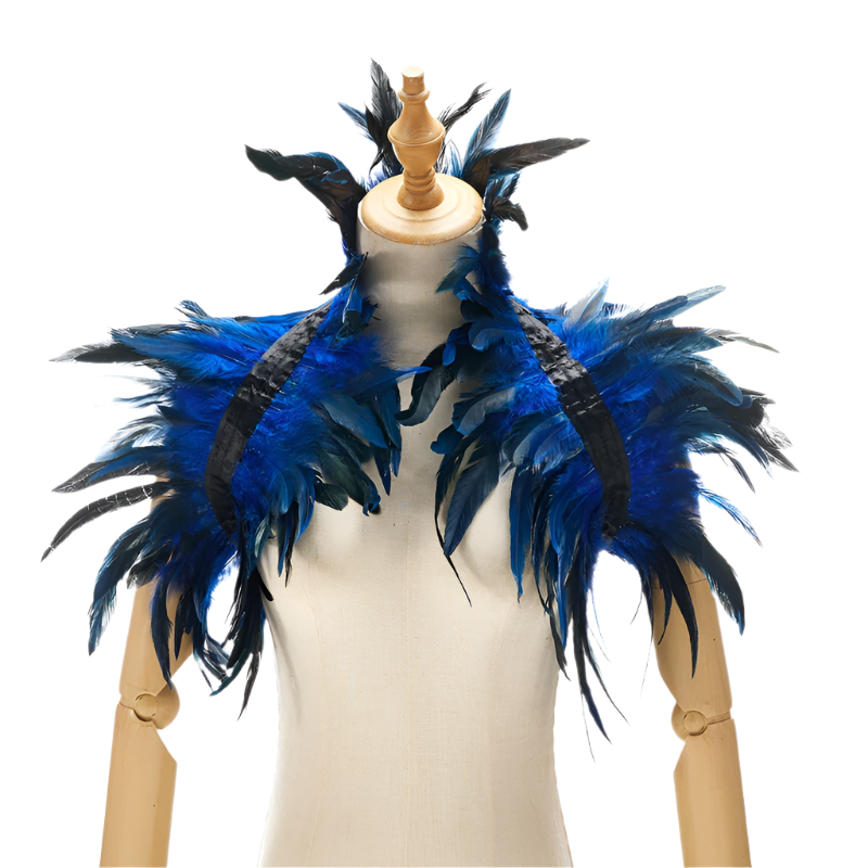  Feather Shoulder Piece: A vibrant feather shoulder piece displayed on a mannequin, with black accents and a striking, textured design.