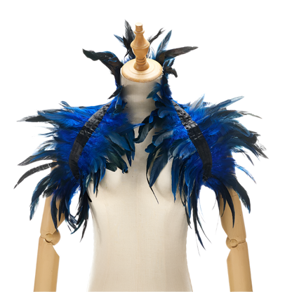  Feather Shoulder Piece: A vibrant feather shoulder piece displayed on a mannequin, with black accents and a striking, textured design.