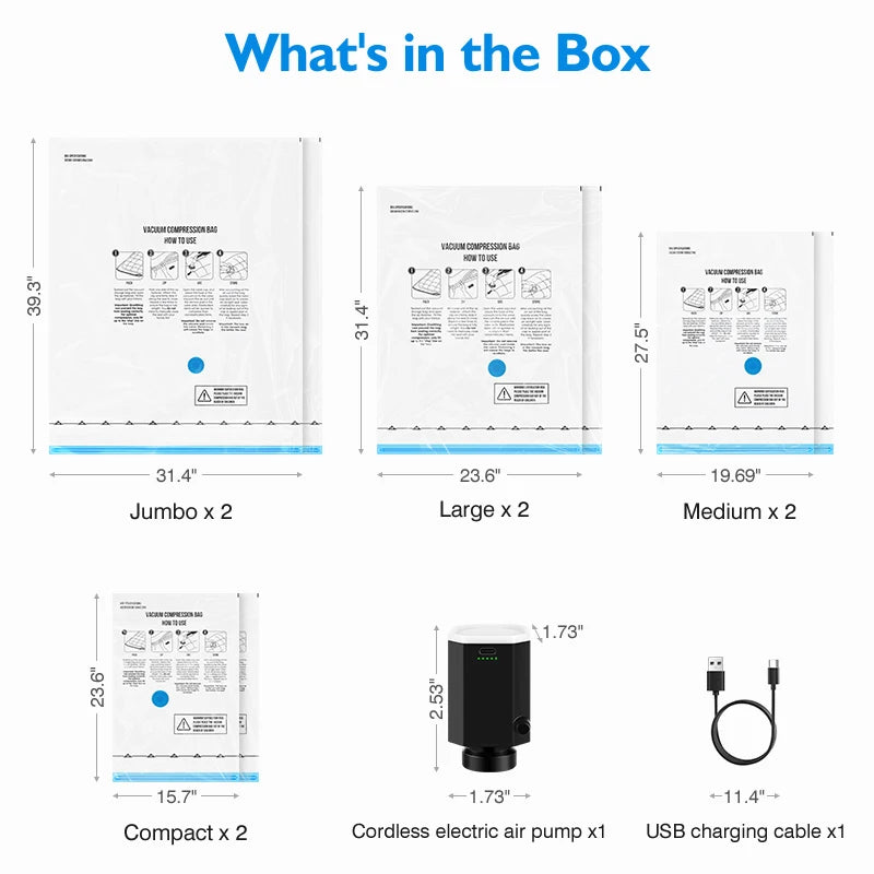 Vacuum Storage Bags Set | 8-18Pc Space Saver with Travel Rechargeable Air Pump