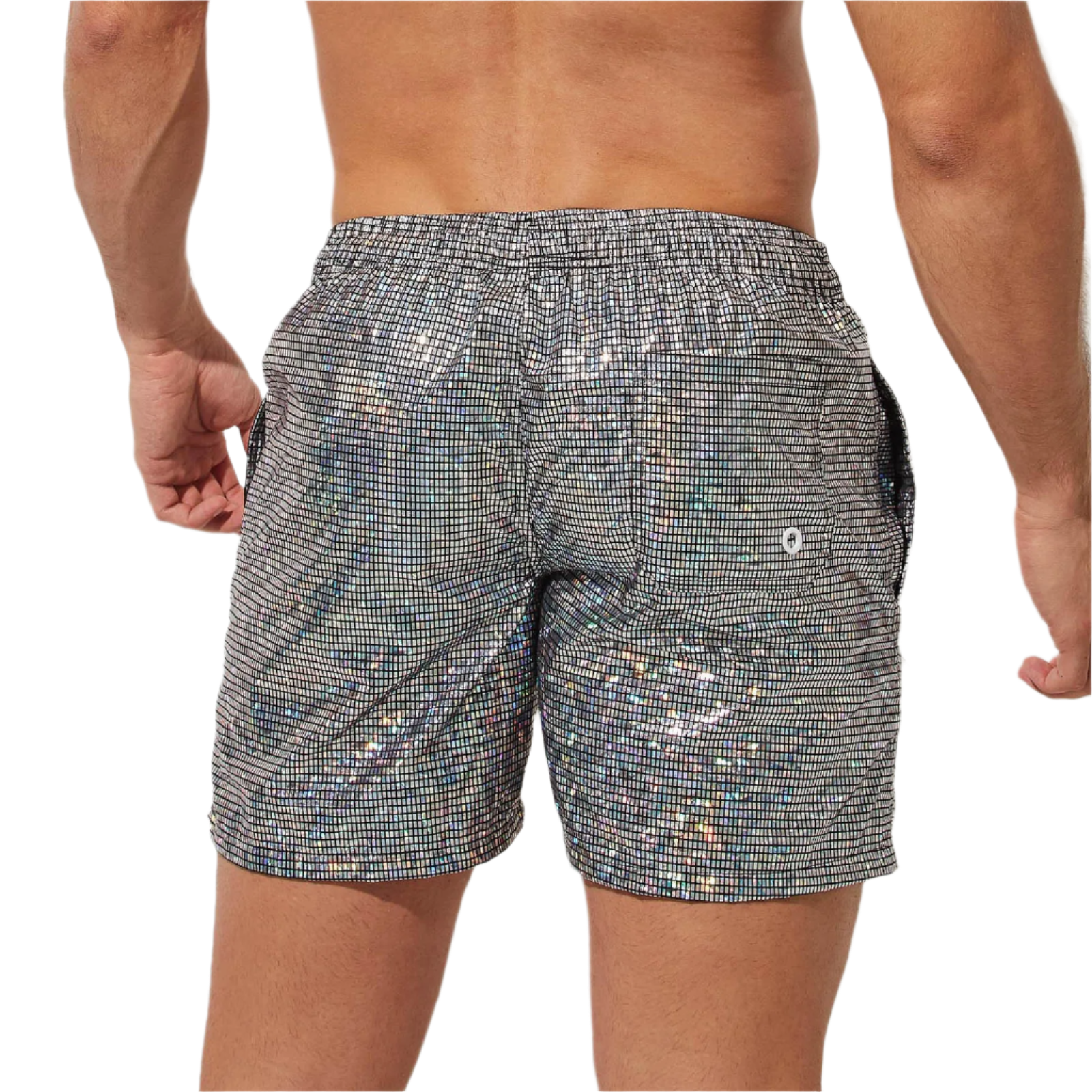 Silver holographic swim shorts with drawstring, perfect for a stylish beach day at the resort.