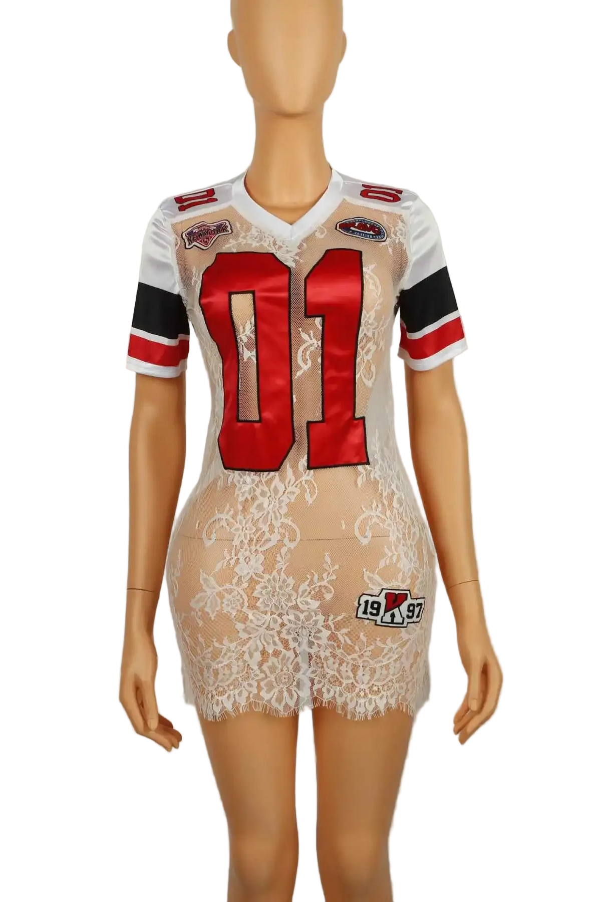 A sheer white lace mini dress styled like a football jersey, displayed on a female mannequin. The dress features a white lace base with a red and black number '01' on the front, red shoulder patches, and a small '1997' patch near the bottom hem.