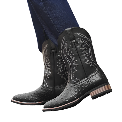 Black cowboy boots with detailed design on a blurred background