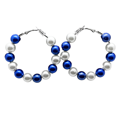 Bracelet with blue and white beads on a textured surface